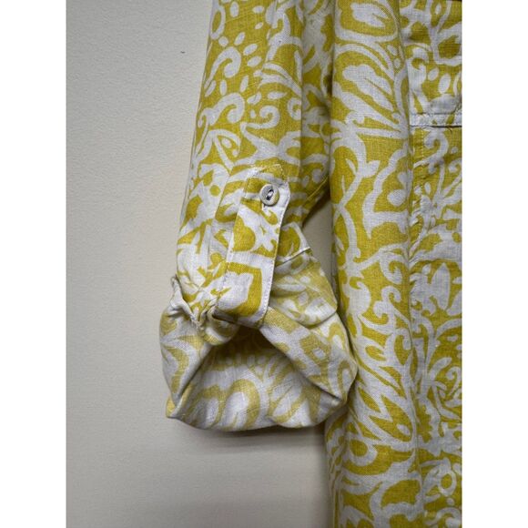 CHARTER CLUB Woman 100% Linen Roll Tab Sleeve Button Up Shirt, Chartreuse/White - Picture 4 of 10